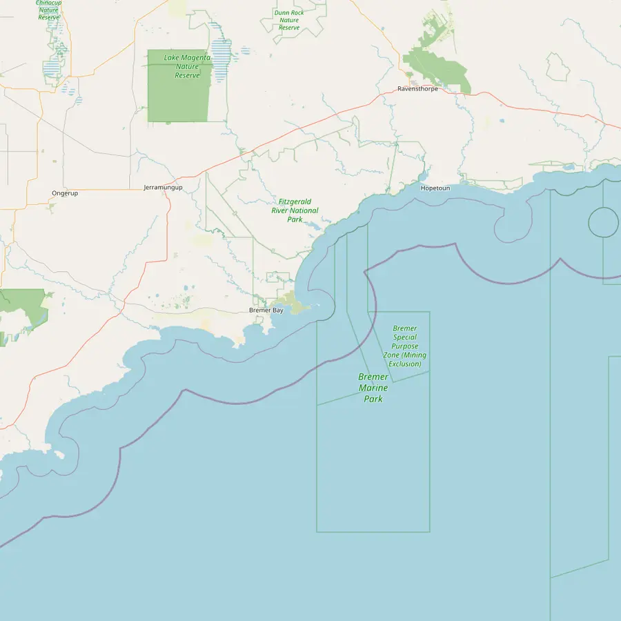 Map of Bremer Bay on the south coast of Western Australia with the Bremer Marine Park offshore and Fitzgerald River National Park to the north-east