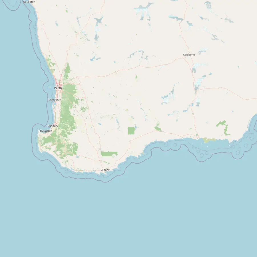 Map of south-western Australia with Perth, Albany, Bremer Bay and Esperance